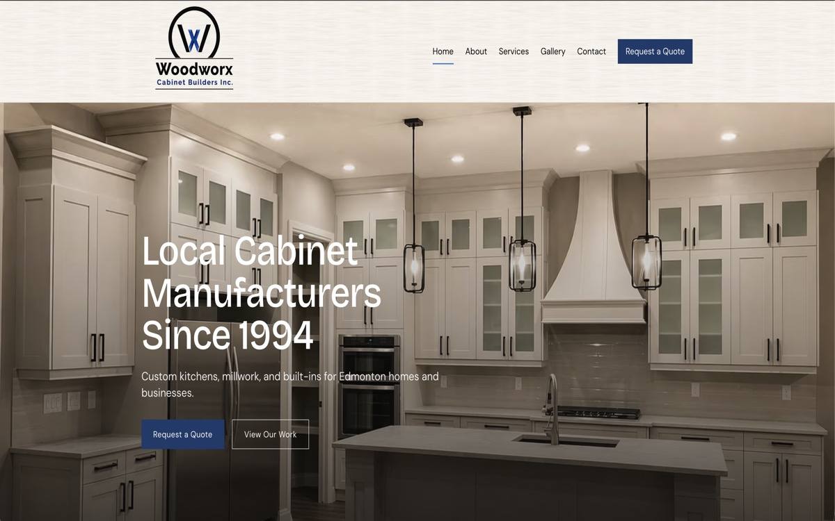 The rebuilt Woodworx homepage, focused on Edmonton cabinet searches
