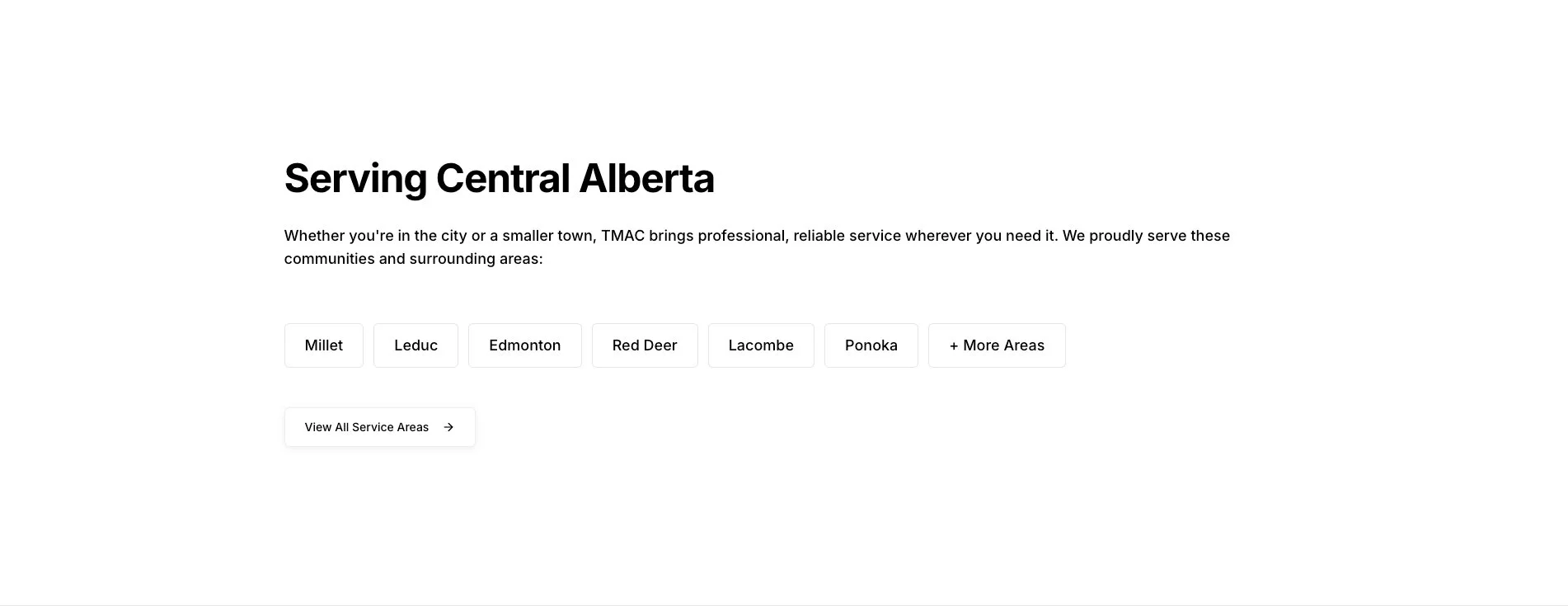 TMAC Plumbing service areas page covering communities across central Alberta