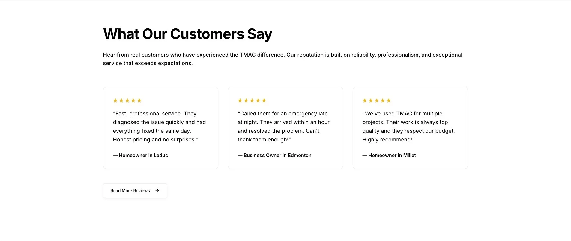 TMAC Plumbing customer reviews showing 5-star ratings from customers across central Alberta