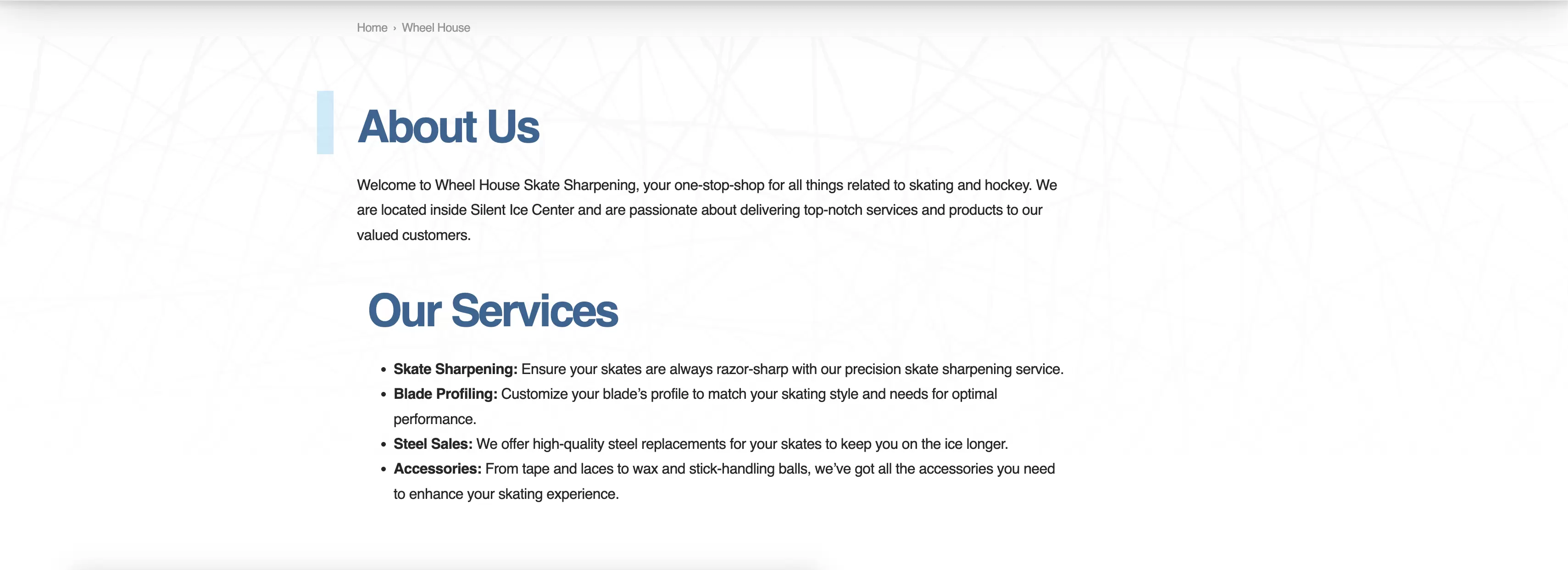 Old Wheelhouse page, plain text about and services