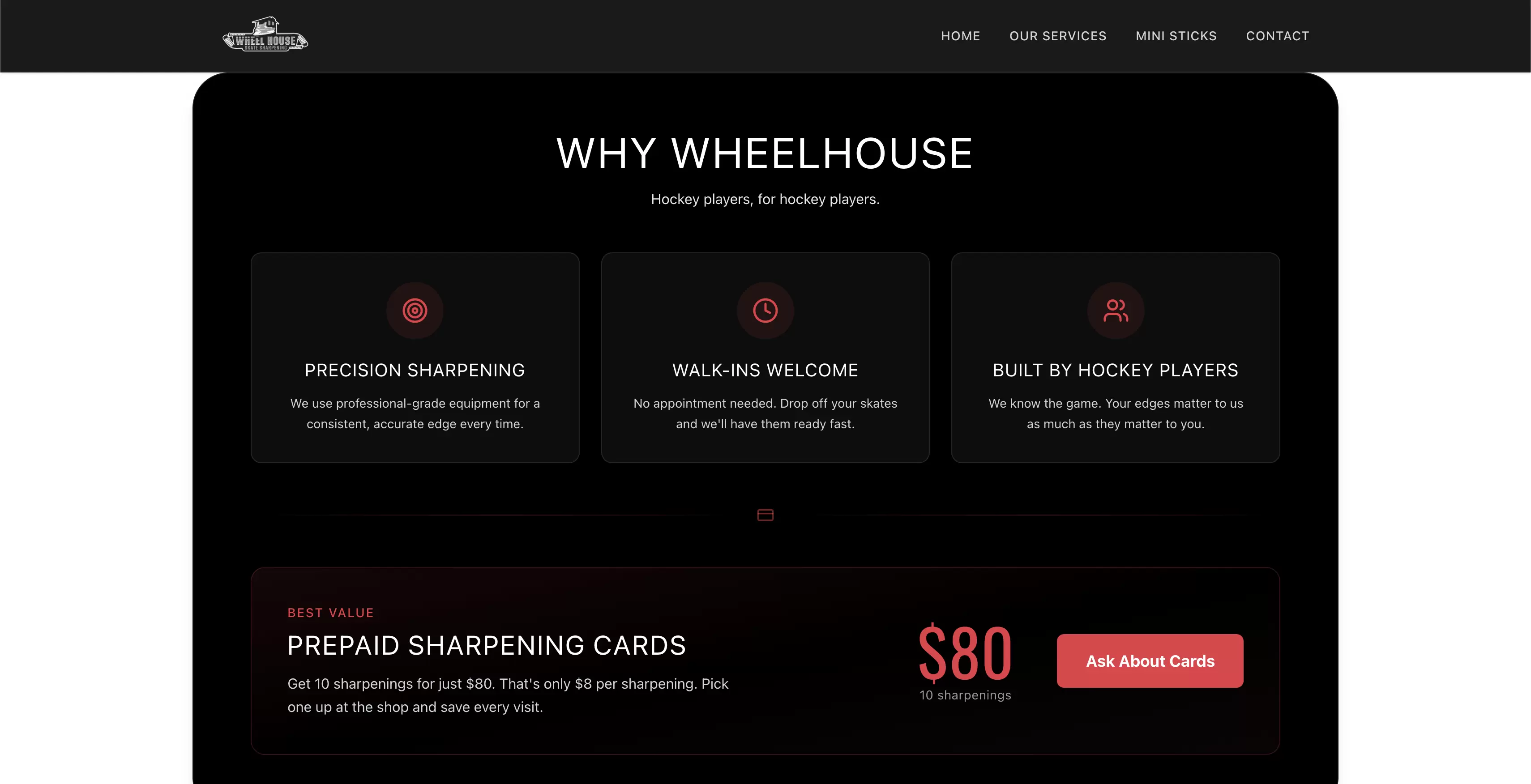 Why Wheelhouse section with value pillars and prepaid card